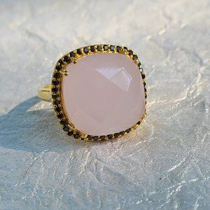 Natural Genuine Chalcedony Stone Gold Plated 18 K Sterling Silver -Size 8